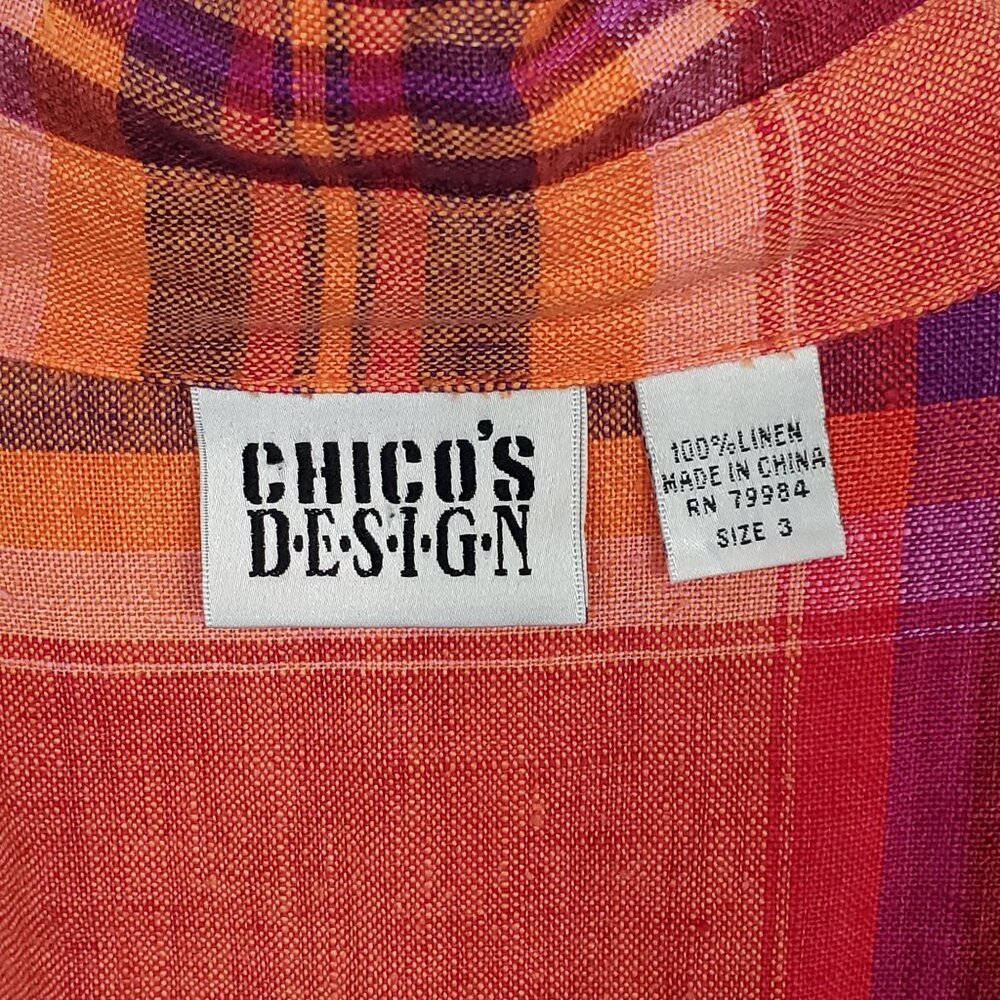 Chicos Design 3 Size XL Shirt Abalone Shell Button Plaid 100% Linen Relaxed Boho - Picture 4 of 11